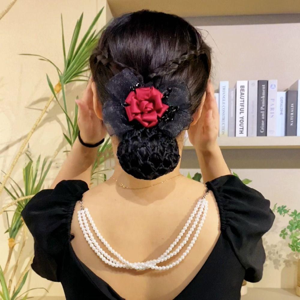 Korean Style Flower Snood Spring Clip Ponytail Clip Bow Hair Net Temperament Crochet Bun Net  Bank