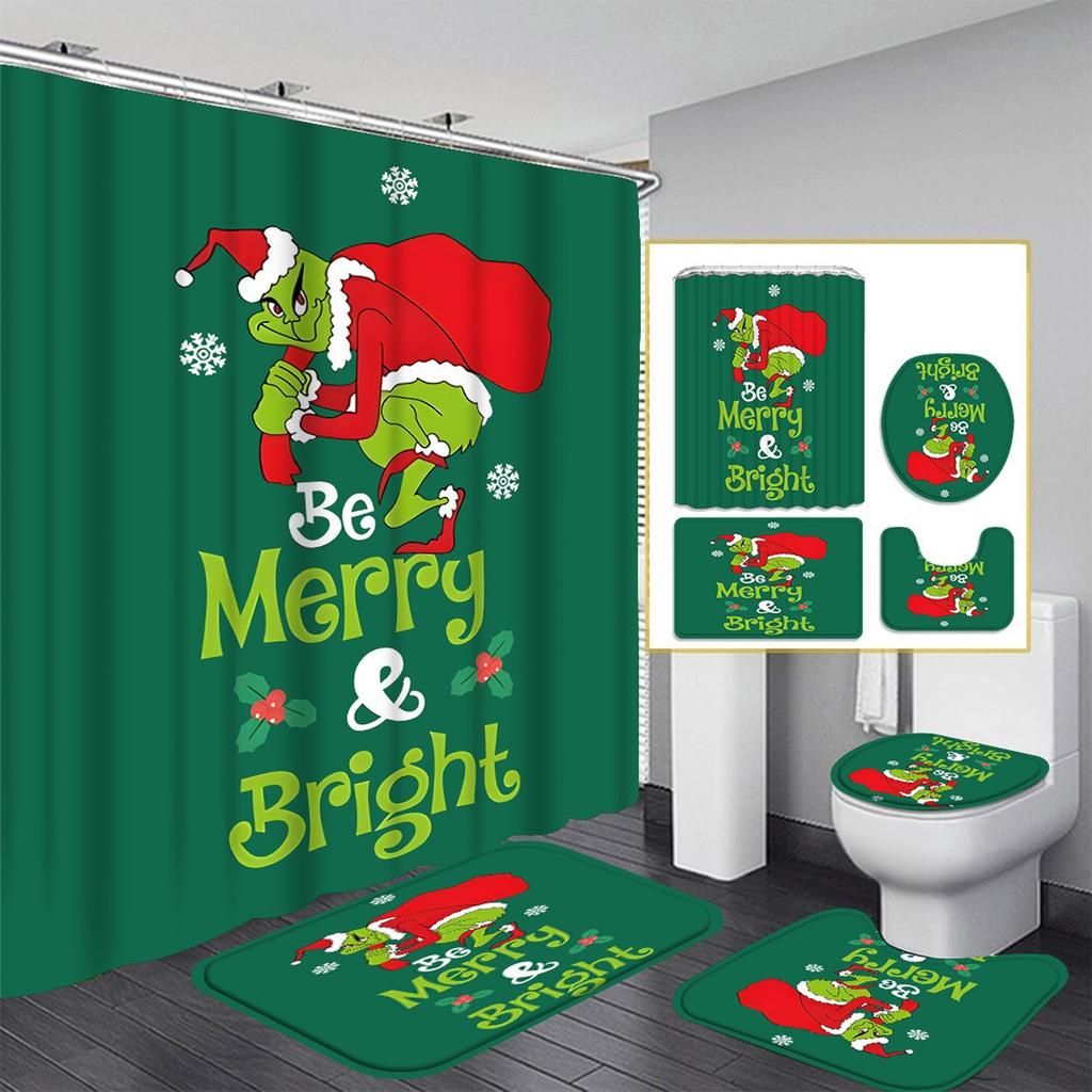 Рождественский узор с зелеными волосами Набор из четырех предметов для занавески для душа с 12 крючками Полиэстеровая водонепроницаемая занавеска для душа.