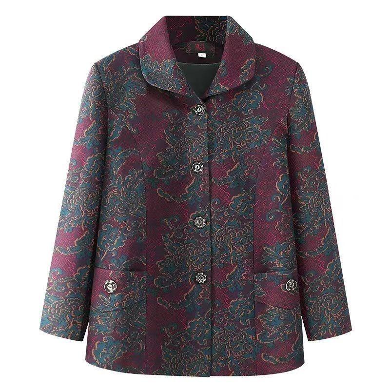 Single-piece Coat Middle-aged and Elderly Women's Lapel Printed Top Open Button Long Sleeves