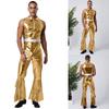 Mens Retro 70s Disco Outfit Metallic Shiny Sleeveless Jump Suit with Lapel Neckline and Flared Legs for Stage Performance