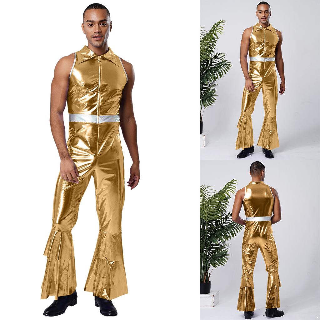 Mens Retro 70s Disco Outfit Metallic Shiny Sleeveless Jump Suit with Lapel Neckline and Flared Legs for Stage Performance