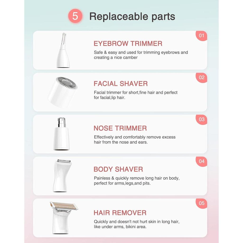 Facial Hair Removal for Women, 5 In 1 Electric Razor for Women, Painless Eyebrow Trimmer Bikini Trimmer Hair Remover Kit