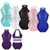 Kids Girls Halter Cutout Back Strappy Waist Ballet Dance Leotard Shiny Sequins Gymnastic Athletics Jumpsuit