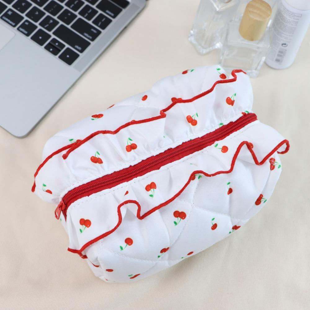 Cherry Printed Ruffle Makeup Bag Large Capacity Wash Storage Bag Toiletry Organizer  Outdoor