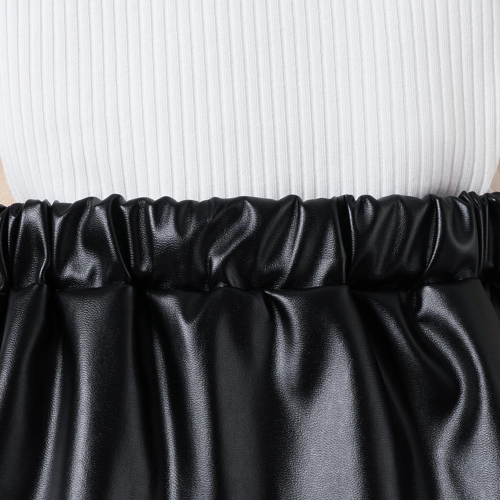 Осенний двухцветный сетчатый топ с длинными рукавами и вышивкой для девочек, юбка из искусственной кожи, детский комплект