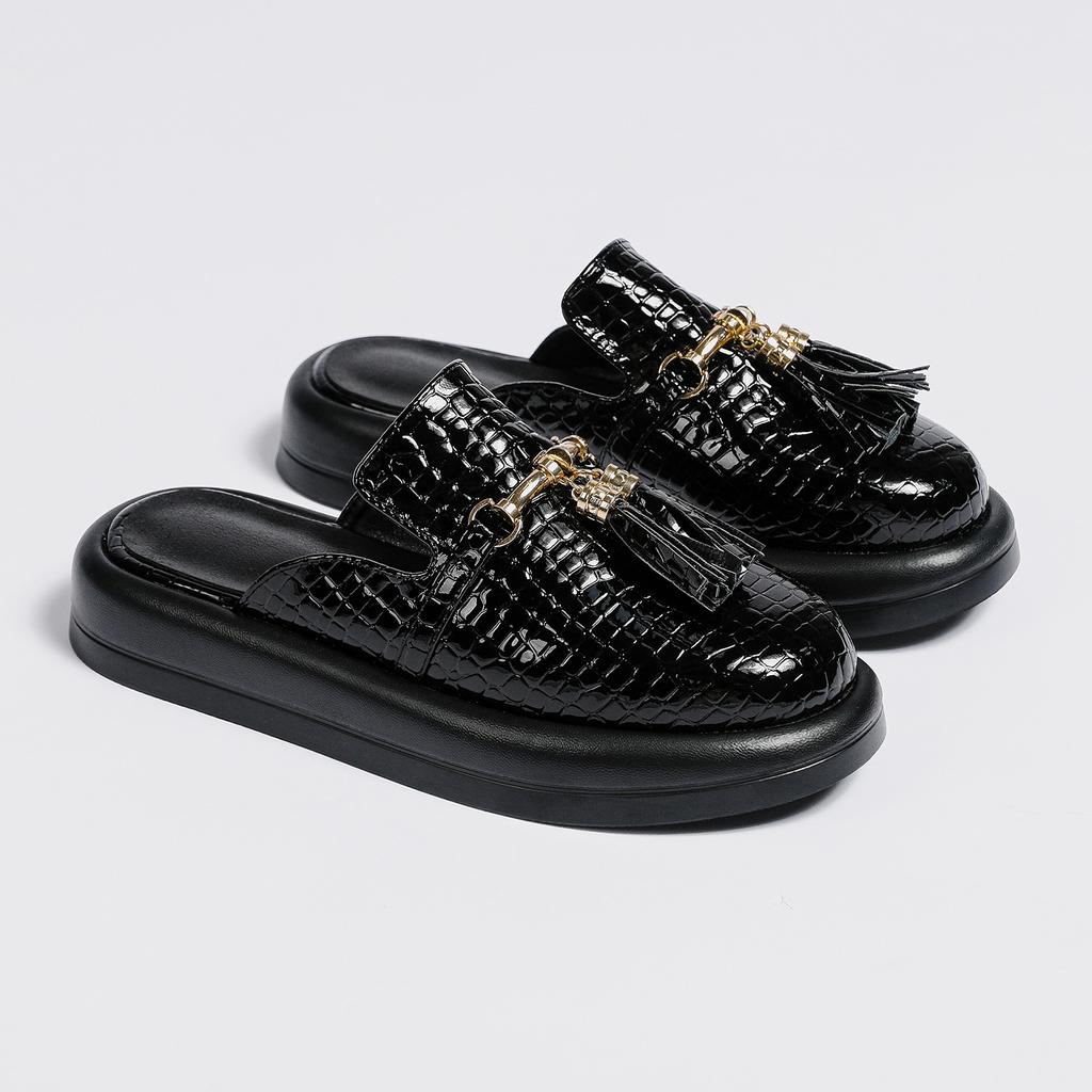 Женские сабо с круглым носком на плоской подошве, на платформе с кисточками и металлическими украшениями, женская модная повседневная обувь, летняя черная, темно-коричневая 43