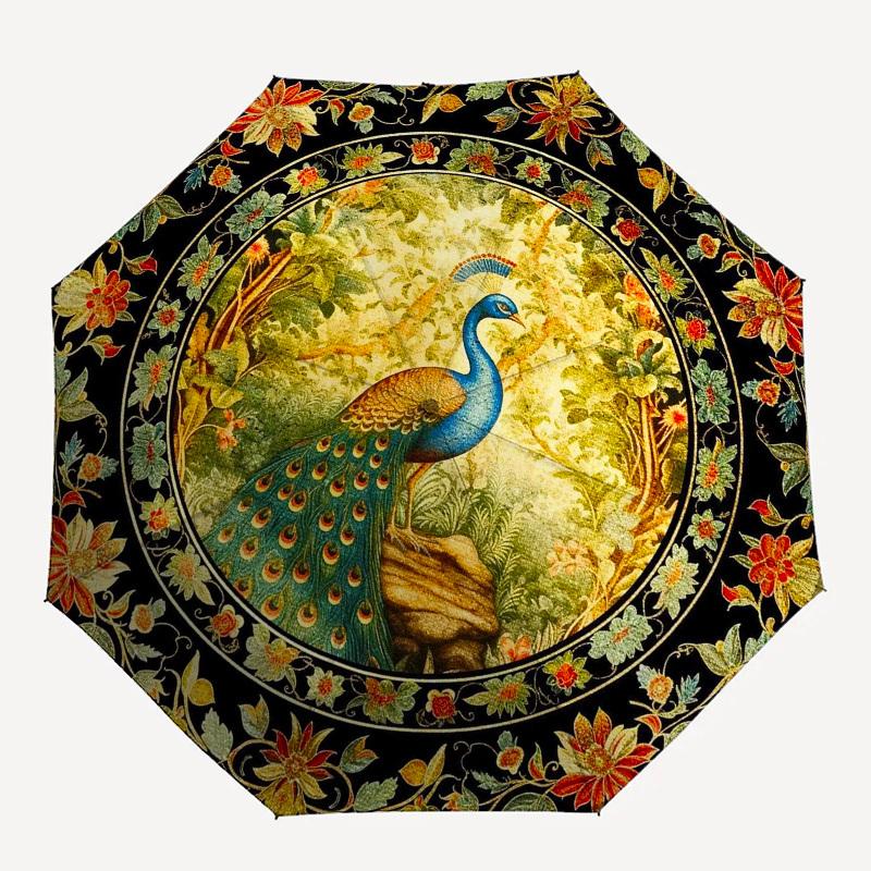 Peacock, FloralThemed Automatic Opening and Closing umbrella 8 Ribs, Suitable for Leisure and Going Out, Outdoor Accessory, Gothic Style,