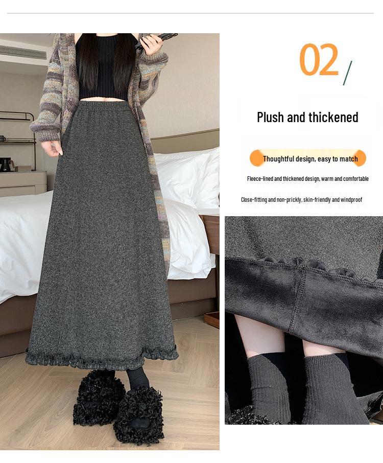 Deep Gray Woolen High Waist A-line Ruffle Skirt for Women - Autumn/Winter Collection