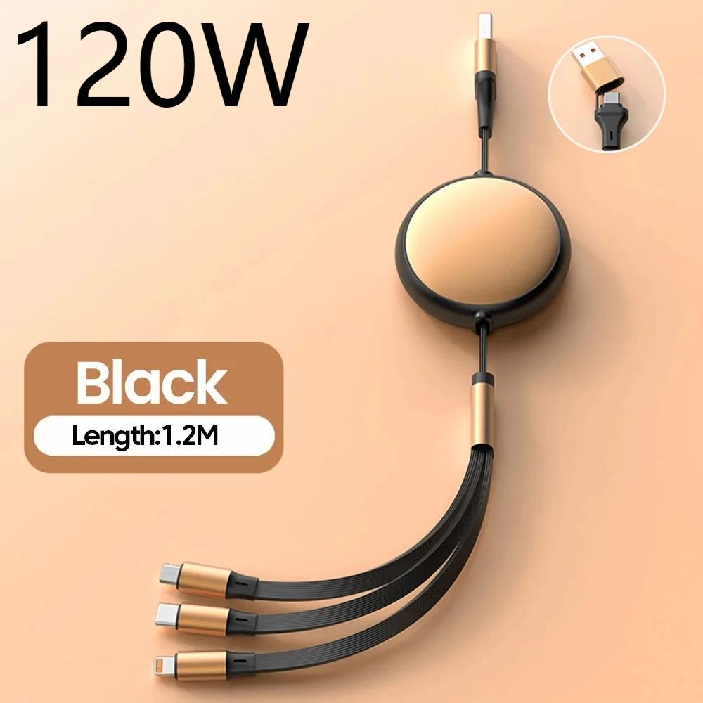 120 Вт 3 в 2 Выдвижной кабель USB Type C Micro IOS Быстрое зарядное устройство для iPhone15 Samsung Huwei Многопортовый