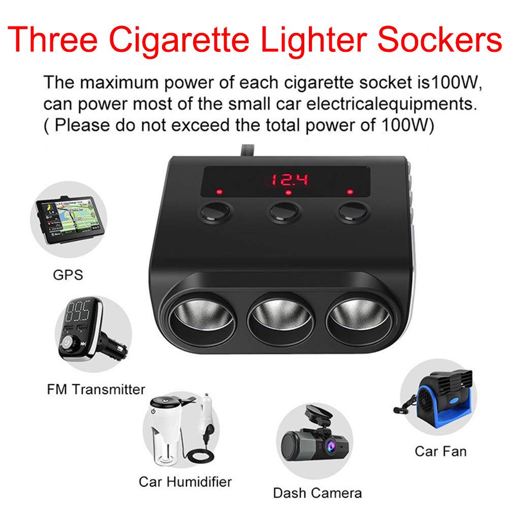 Автомобильный адаптер прикуривателя, 3 гнезда, разветвитель прикуривателя со светодиодным дисплеем напряжения, 120 Вт, 10 А, автомобильный адаптер-разветвитель