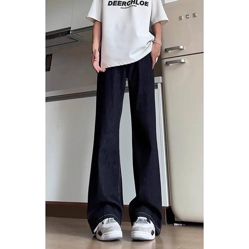 Mens Dark Blue Denim Jeans Slim Flare Fit Streetwear Pants Casual Wear