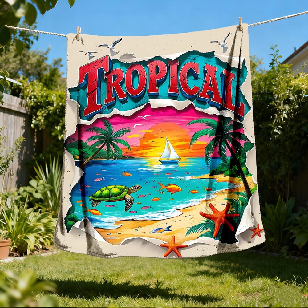 1pc Tropical Paradise Outdoor Flannel Blanket Soft All Season Polyester Throw , Perfect for Picnics & Travel , Picnic Accessory
