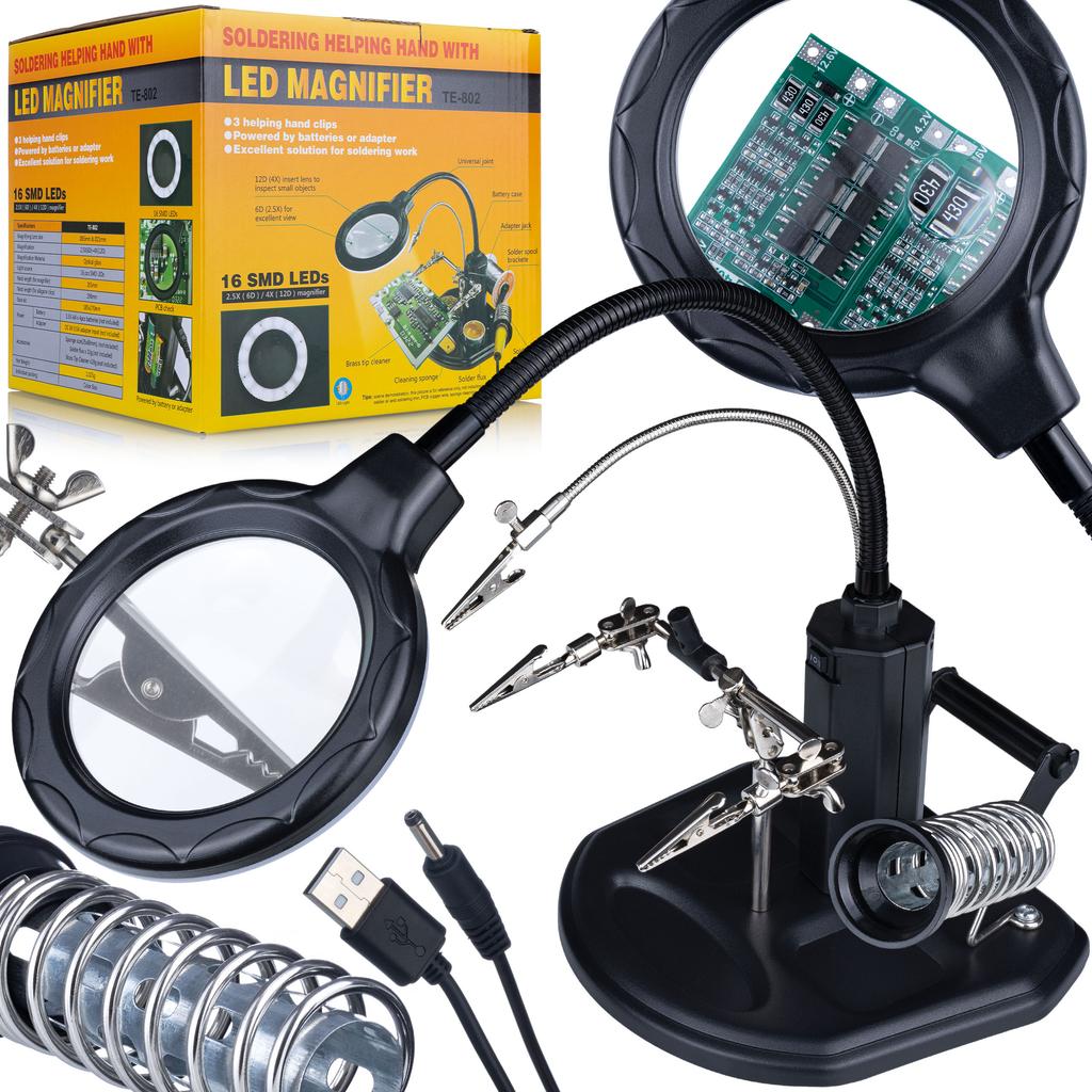 Third Hand With Gooseneck Magnifying Glass, Soldering Iron Holder And Solder Te-802