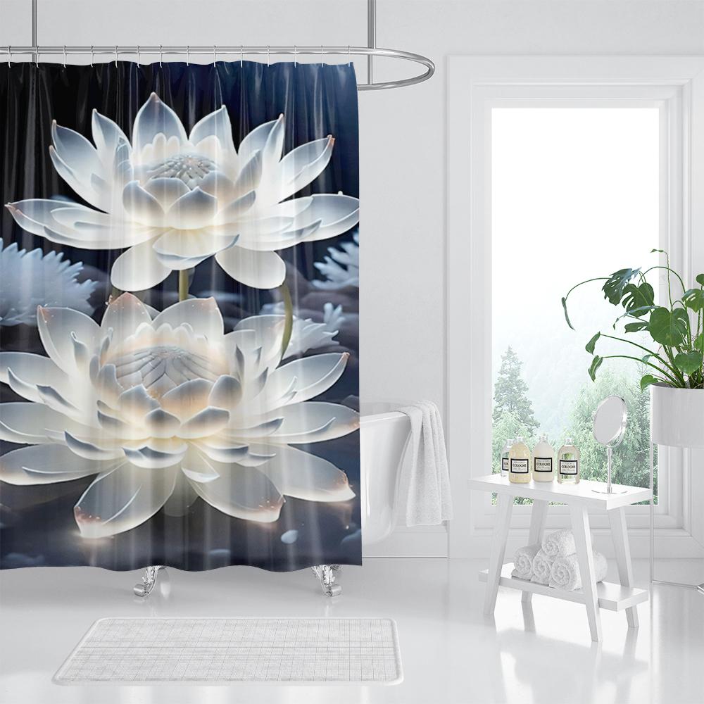 White Lotus Flower Shower Curtains for Zen Spa Bathroom Decor, Asian Floral Polyester Bath Curtain Set, Gift for Women and Girls