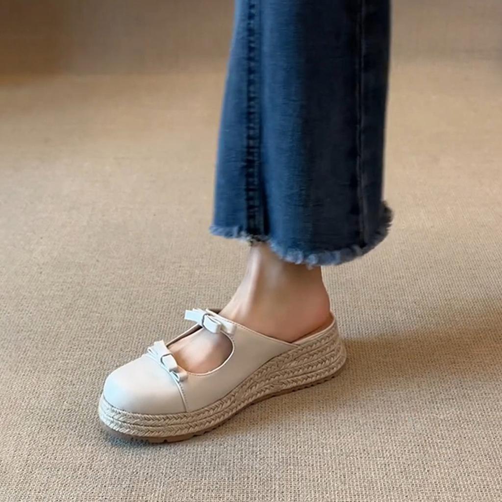 Ретро соломенные плетеные на толстой подошве увеличивающие рост туфли-рыбаки женские с круглым носком, неглубоким вырезом, перемычкой с бантом и закрытой пяткой