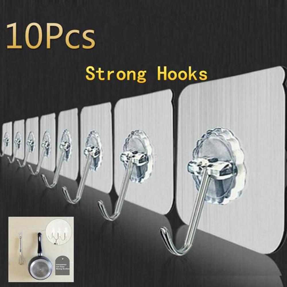 10Pcs Wall Hooks Reusable Adhesive Heavy Duty Sticky Transparent Ceiling Bath Utility Hooks Hangers