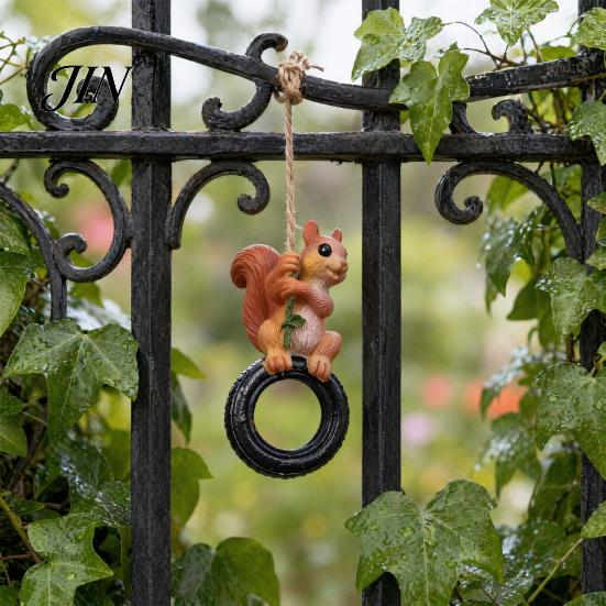 Decorative Outdoor Hanging Animal Squirrel on Tire Ornament, Realistic Resin Figurine for Lifelike Landscape Decor Garden Patio Tree Decoration,