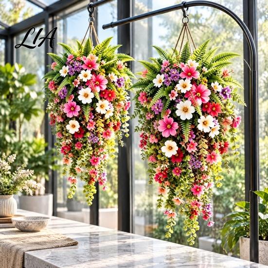 Indoor Garden Landscaping Decor Artificial Hanging Flowers Basket, Fake Morning Star Floral Vine Garland, Natural Charm Window Display Faux Plant for