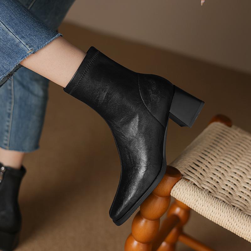 Krazing Pot Microfiber Autumn Winter Shoes Thick High Heels Chelsea Boots Square Toe Keep Warm Zipper Ankle Boots