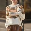 Women's Korean Style Fair Isle Wool Sweater - Loose Fit, Seamless Round Neck Jacquard Knitwear