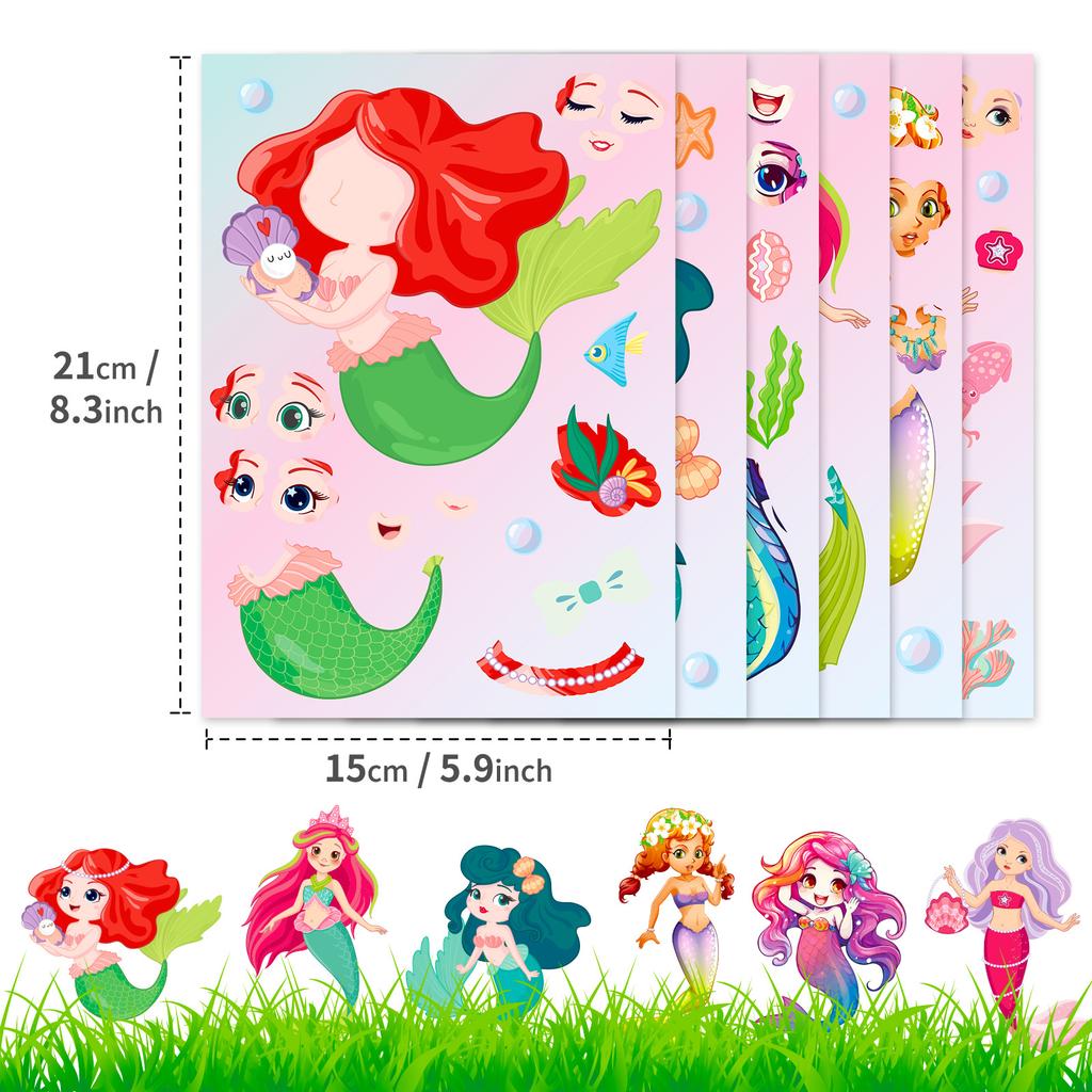6 Photos/pack Cartoon Little Mermaid Dress and Expression Collage DIY Decorative Face Change Stickers