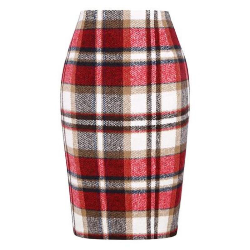 Женская весенняя юбка с высокой талией, клетчатый принт контрастного цвета, облегающая прямая, теплая юбка длиной до колена, зимняя юбка, женская одежда