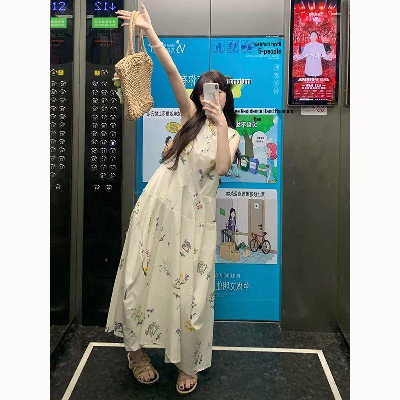 Платье без рукавов А-силуэта длиной до середины икры в летнем стиле с принтом в корейском стиле