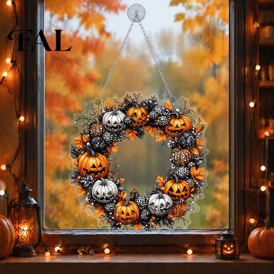 Acrylic Pumpkin Wall Hanging Halloween Pendant Decoration with Chain Waterproof Welcome Festive Window Ornament Sign for Front Door Porch Indoor