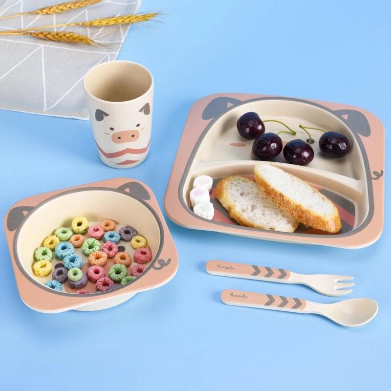 Children Dishes Set Baby Feeding Bowl Bamboo Tableware Bamboo Fiber Fork Cup Bowl Spoon Plate Animal Cartoon Baby Plate
