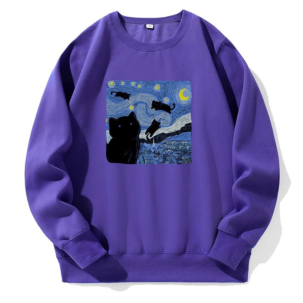 Картина маслом Черная кошка Звездная ночь Печать с капюшоном Унисекс Спортивная мода Новые толстовки с капюшоном из флиса Теплая толстовка Свободная толстовка большого размера