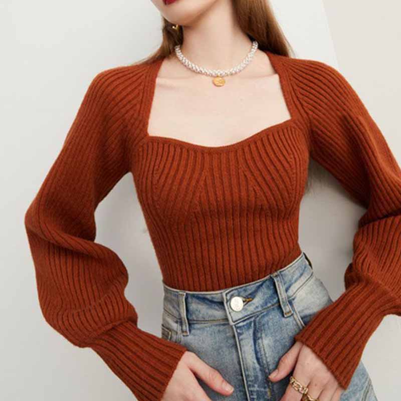 Винтажная однотонная футболка с квадратным вырезом в стиле литературы и искусства, женский осенне-зимний свободный тонкий свитер с длинными рукавами