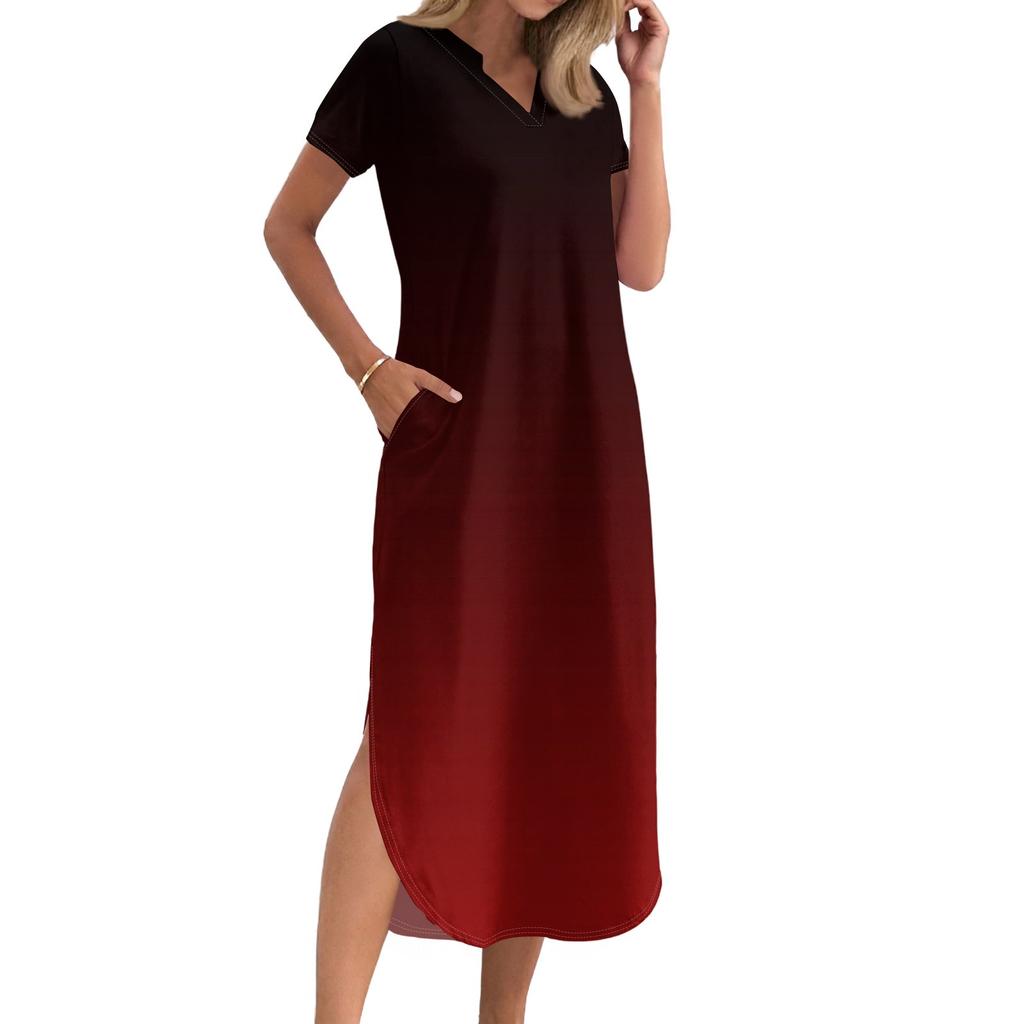 Женское длинное платье-рубашка с V-образным вырезом, повседневное, с коротким рукавом и свободным разрезом