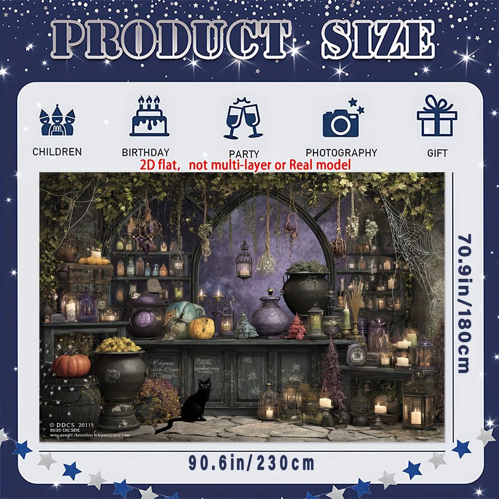 A 2D flat party banner, showcasing a Halloween witch kitchen theme, with a photography background and the party scene