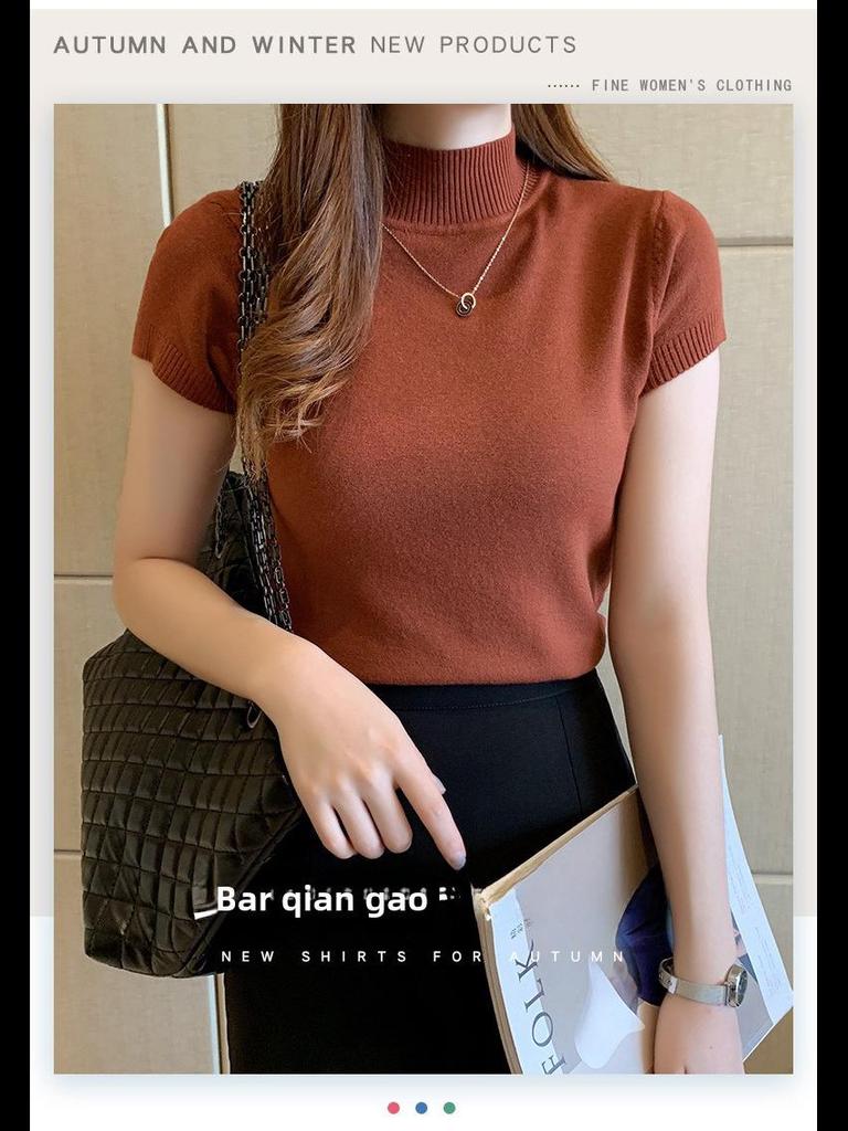2024 Women's Slim Fit Knitted Half Turtleneck Short-Sleeve Sweater Top