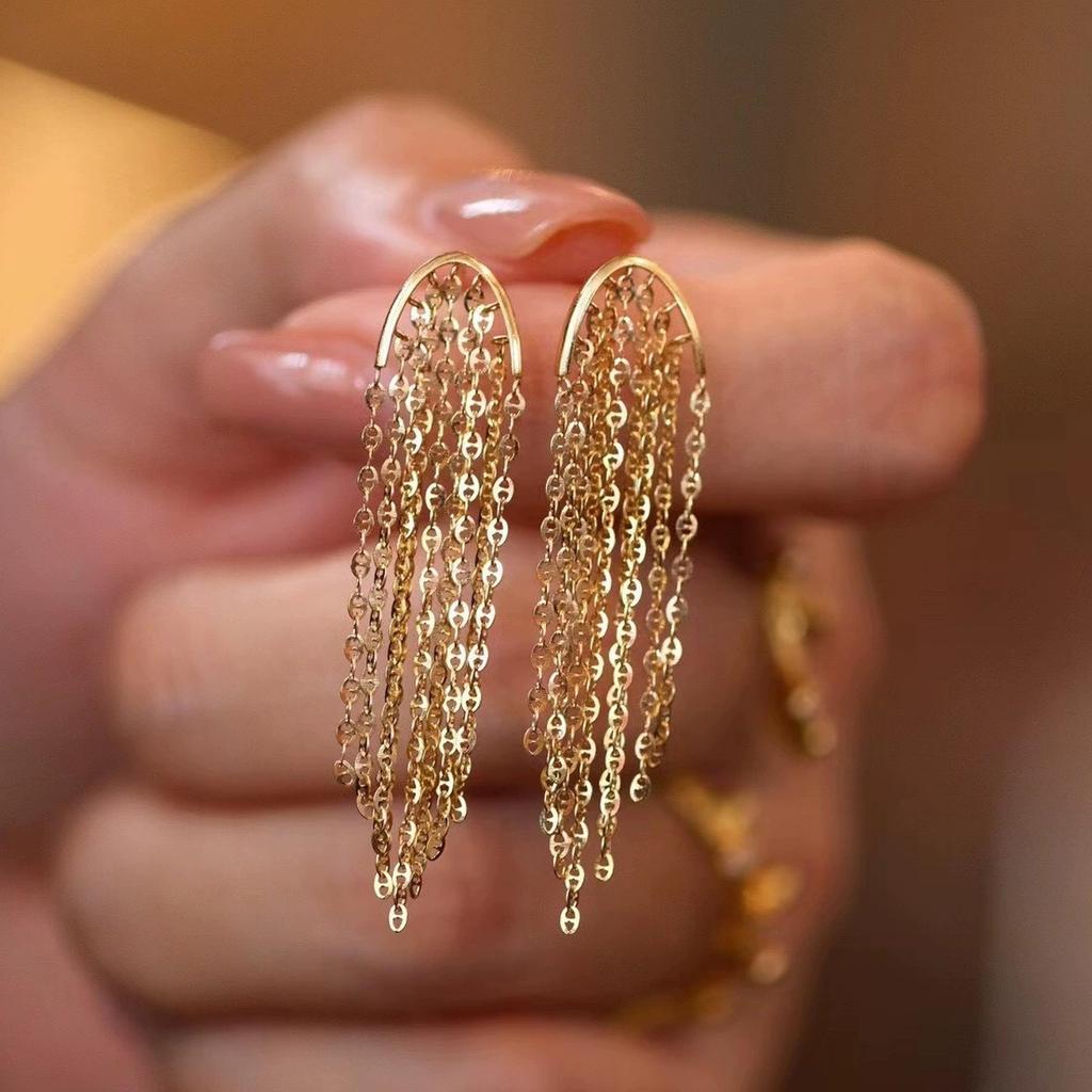 925 Sterling Silver Luxury Shiny Gold Plated Tassel Chain Stud Earring for Women Wedding Party Gift Piercing Jewelry