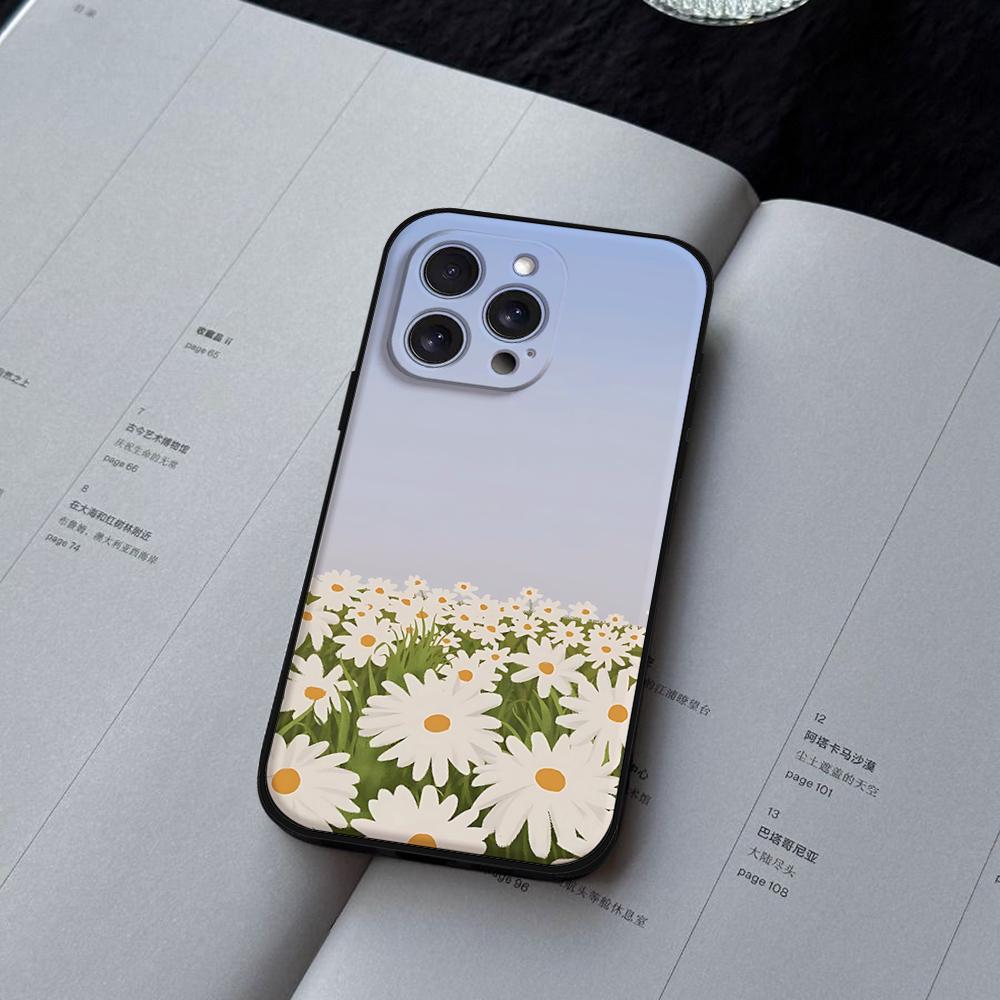 Чехол для телефона с ромашками для iPhone 16,15,14,13,12,11,XS,XR,X,8,7,Pro,Max,Plus,mini Силиконовый Черный Чехол