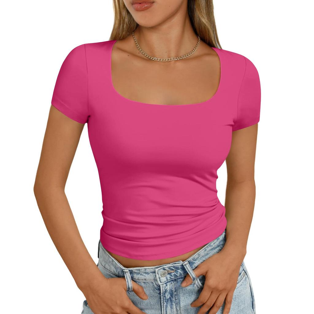 Женская мода повседневная узкая рубашка с коротким рукавом и квадратным вырезом, верхняя одежда, топы