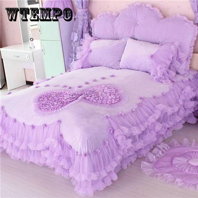 Размер King Size/Queen Size/Twin Size Кружевная утолщенная стеганая юбка-кровать Пододеяльник Наволочка Комплект из четырех предметов Теплая спальня Простое постельное белье Высокое качество