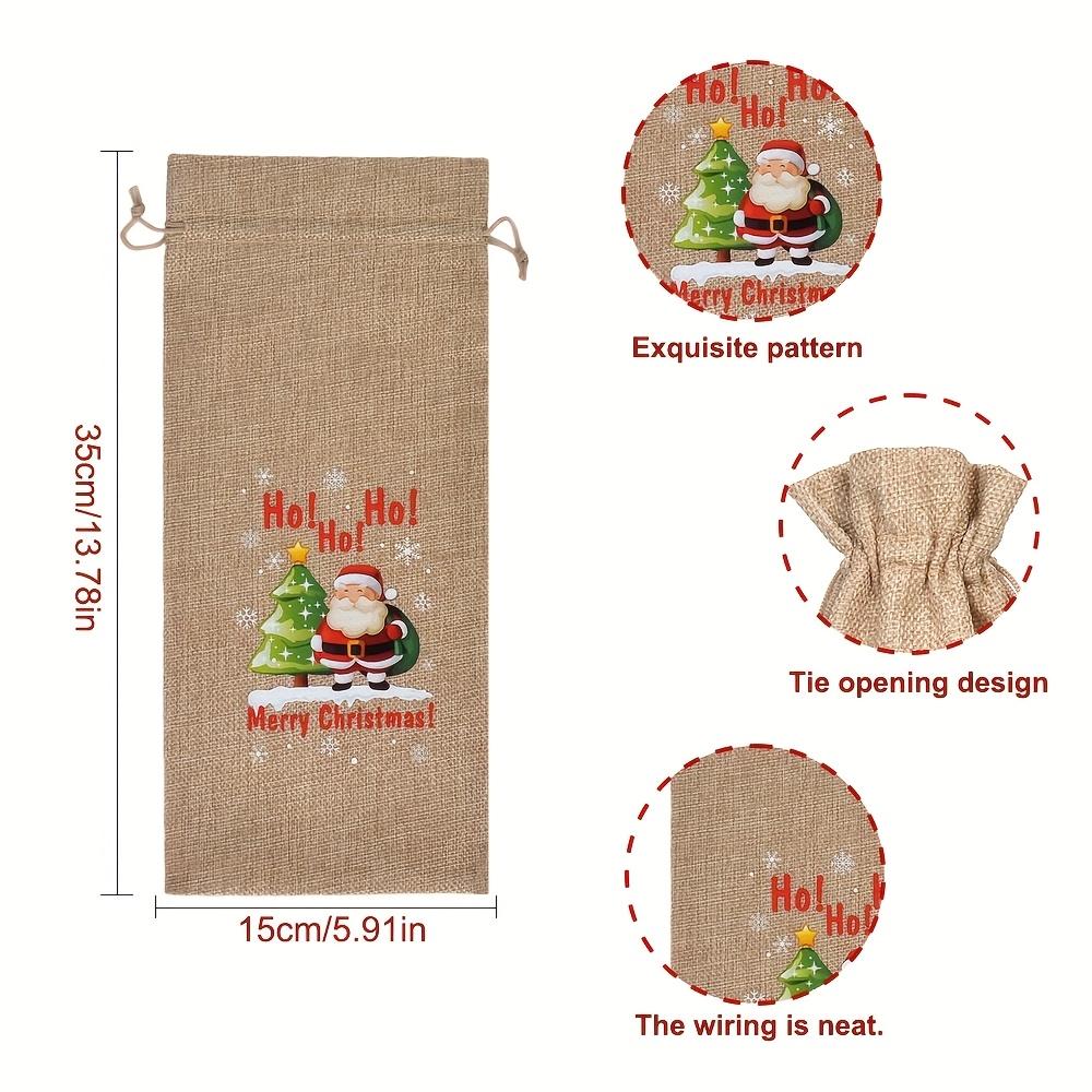 Festive Christmas Wine Bottle Gift Bags - Red & Khaki Burlap Tote Bags with Santa Claus, Christmas and Holiday Greetings Holiday