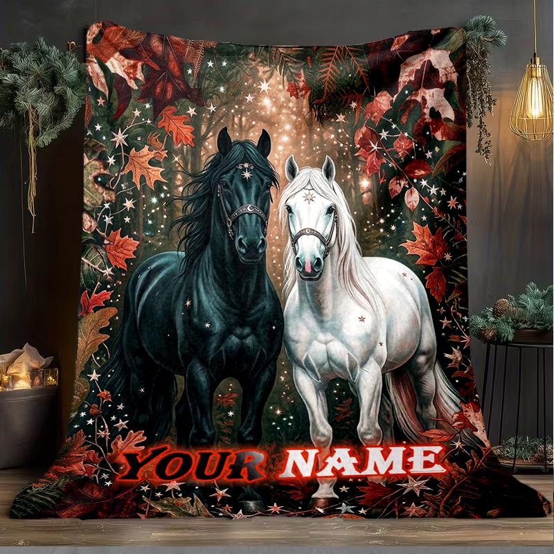 1PC Custom Name Horses Autumnal Forest flannel blanket versatile,all-season throw suitable for the living room,bedroom,camping,travel,and gift