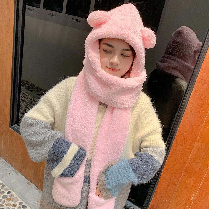 3 шт./компл. шапка из флиса ягненка, женская зимняя милая шапка, шарф, перчатки, теплая и холодная защита ушей, хлопковая шапка