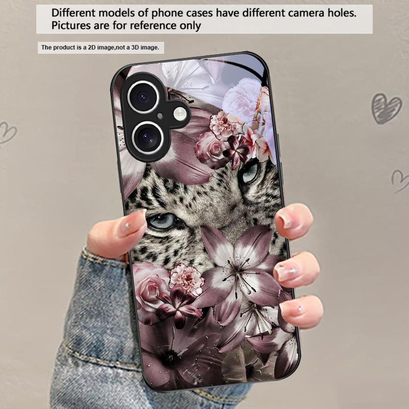 Цветочный Леопардовый Тень Для iPhone 17 Air 16 E 15 Plus 14 Pro Max 13 12 mini 11 5 6 7 8 Plus XR XSMax SE Черный Стеклянный Чехол для Телефона