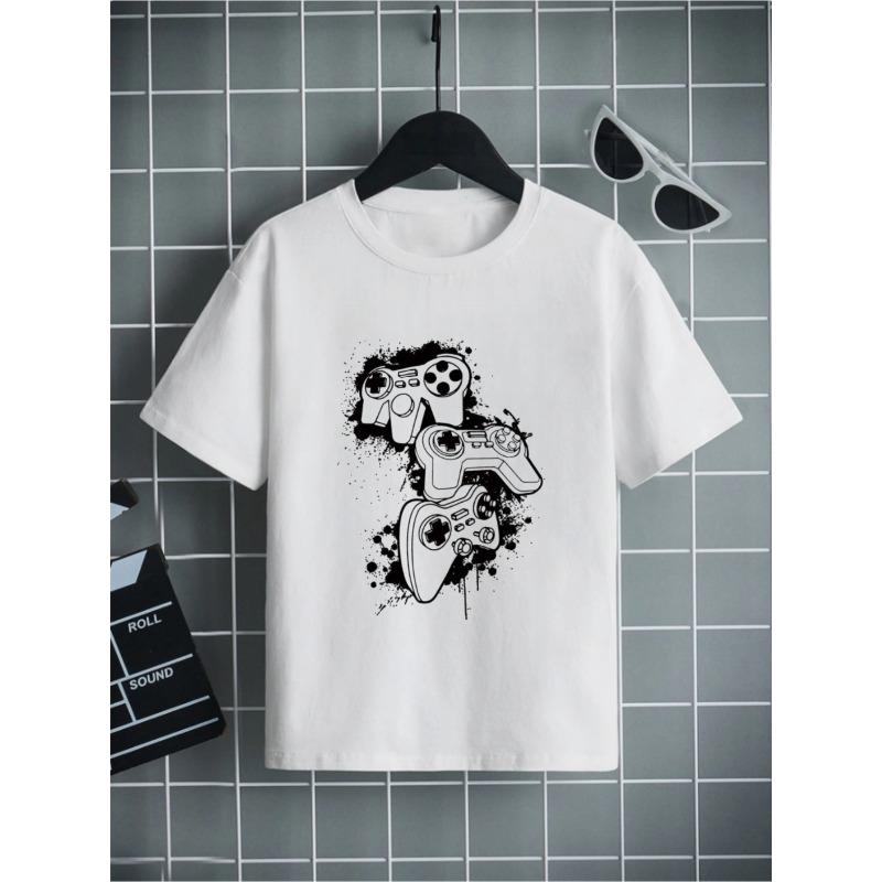 European sizes Boys' Game Controller Graffiti Print T-Shirt, Black Crew Neck Short Sleeve, Cool Gaming Style Top