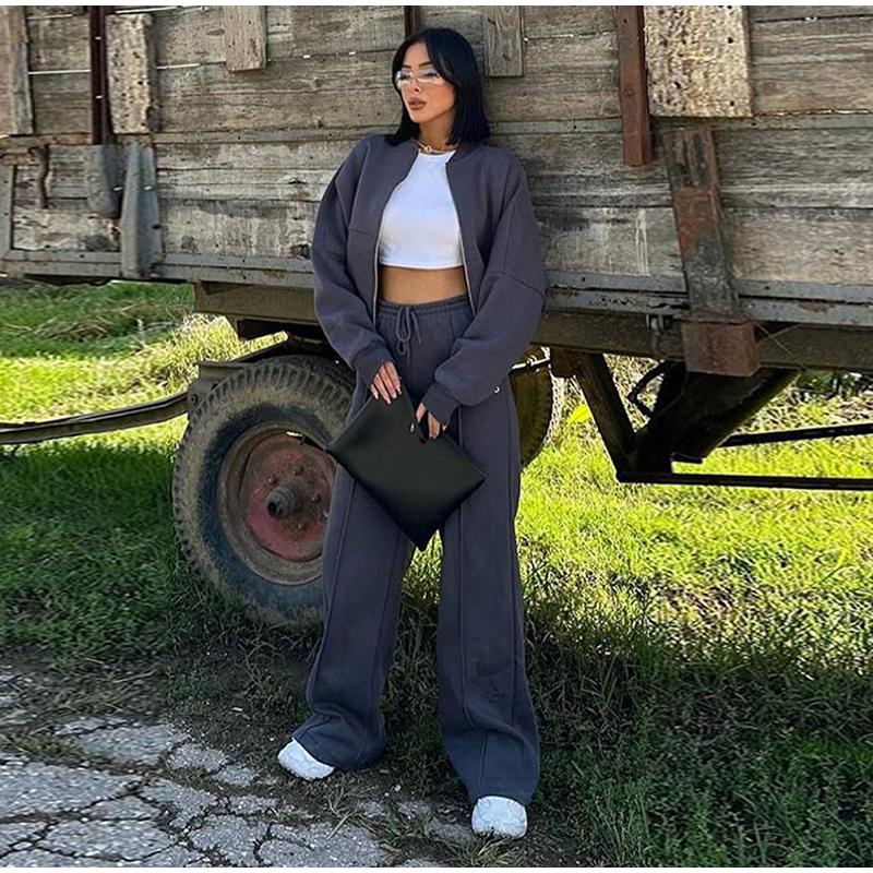 Повседневный комплект из толстовки на молнии и брюк, женская однотонная куртка-бомбер с круглым вырезом, свободные брюки со шнуровкой и высокой талией, весна-осень 2025, новые женские костюмы