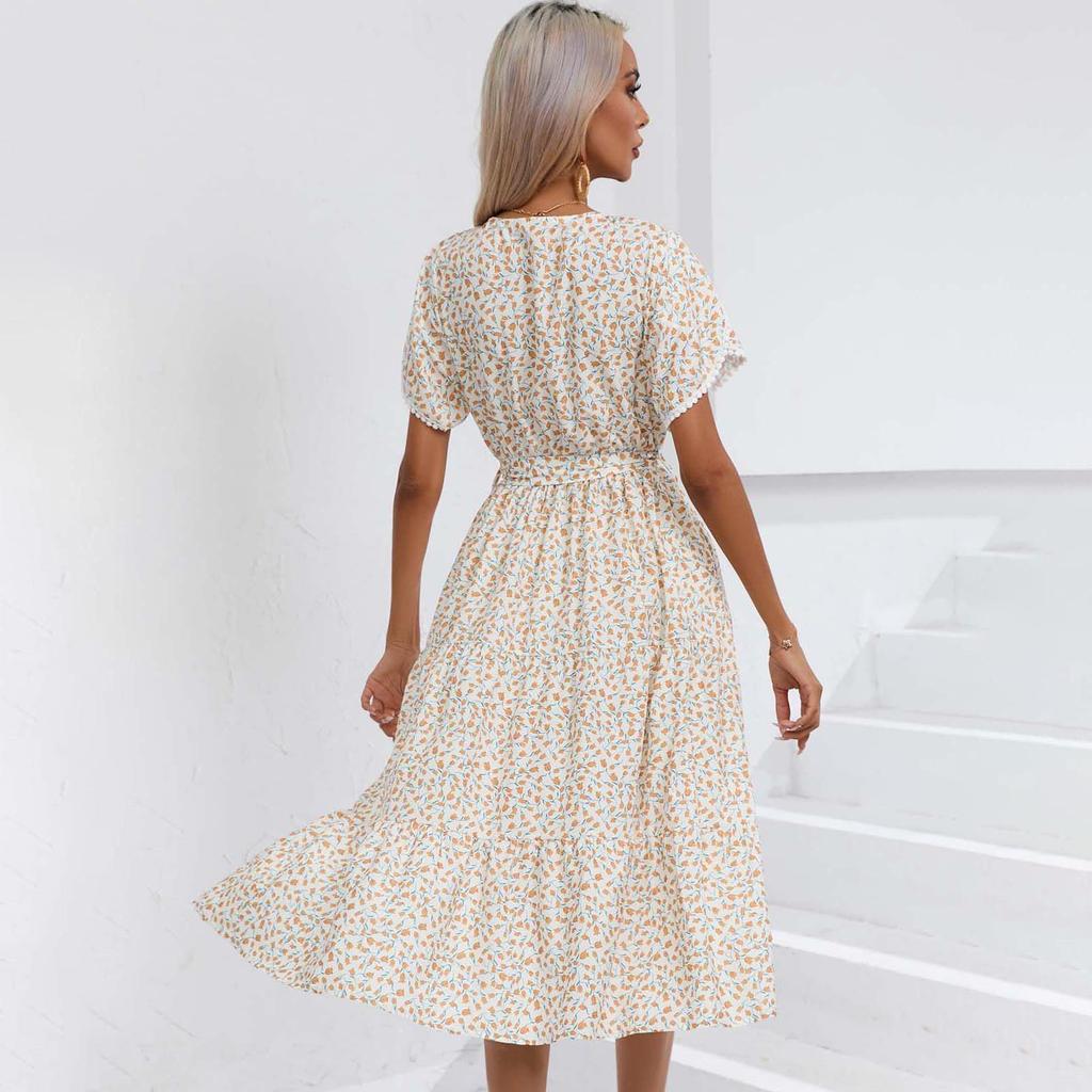 Женское летнее платье с короткими рукавами и высокой талией в этническом стиле на шнуровке