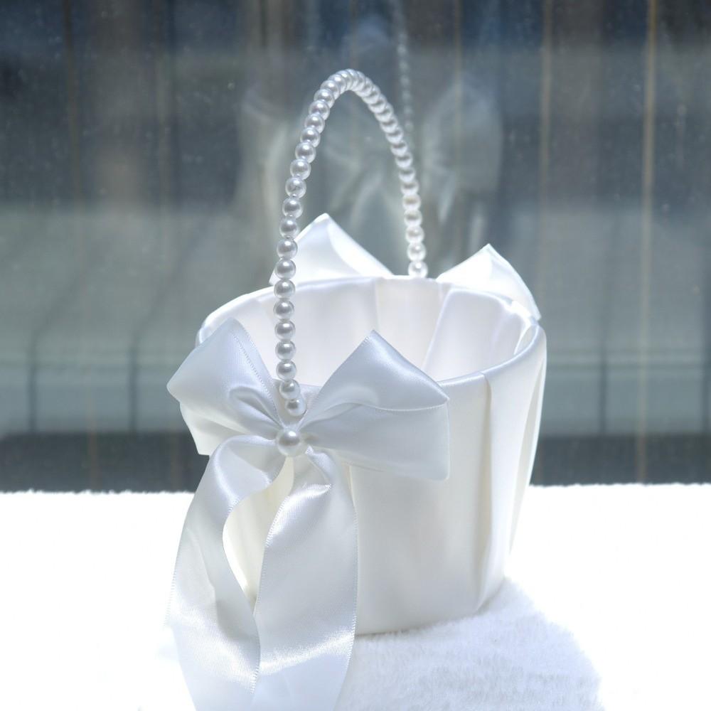 Satin White Wedding Flower Basket Rustic Bowknot Flower Girl Basket Floral Petals