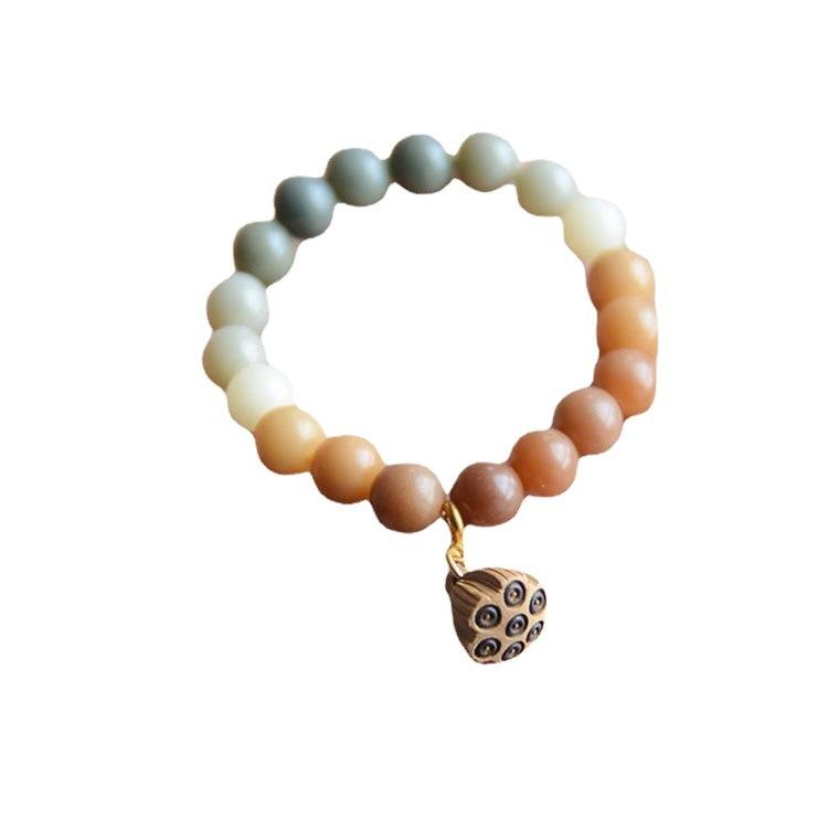 Youlian Natural Bodhi Root Bracelet for Men and Women with Peach Wood Lotus Pendant, Gradient Color Single Circle Buddhist Bead Bracelet