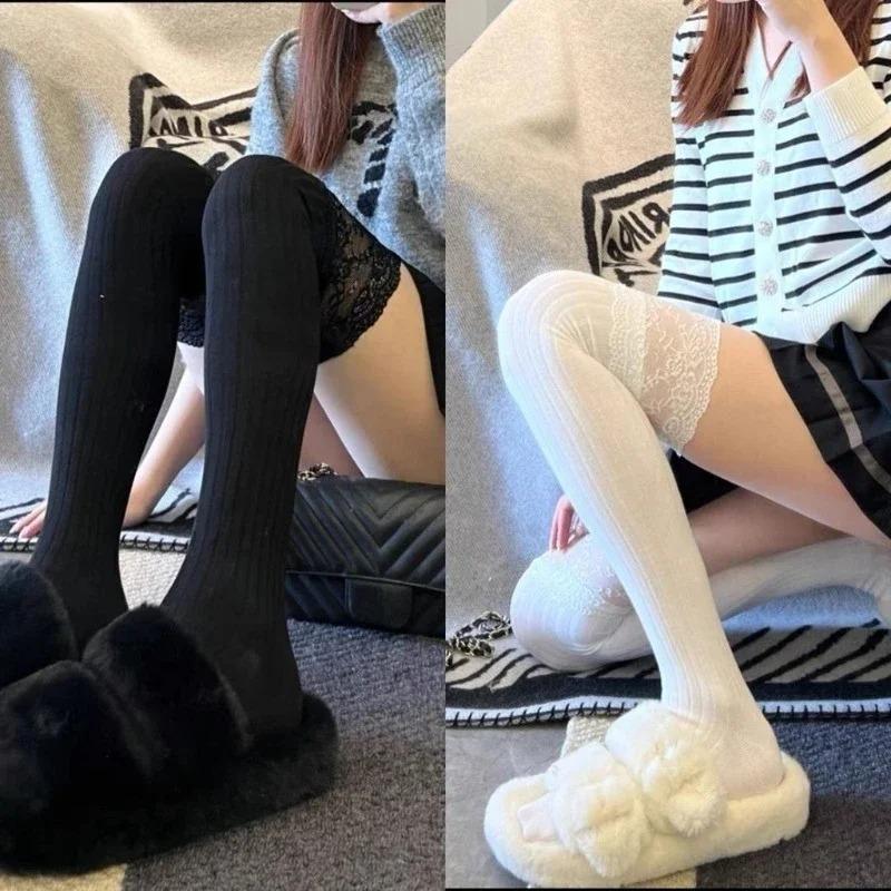 Socks Women Sexy Autumn/Winter Solid Color Thigh High Lace Cute Lolita Thick Warm Stockings Black White Overknee Long Leg Socks