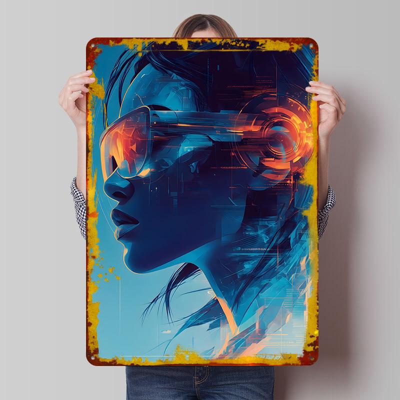 Cyberpunk Woman in Sunglasses Poster Customized Wall Art Vintage Metal Signs Retro Tin Plaque for Man Cave Home Decorations Room