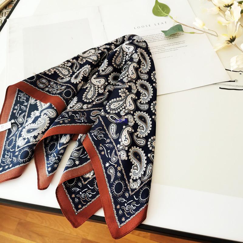 Retro Stylish Deep Blue Paisley Silk Scarf - Lightweight, Small Square for Neck Protection